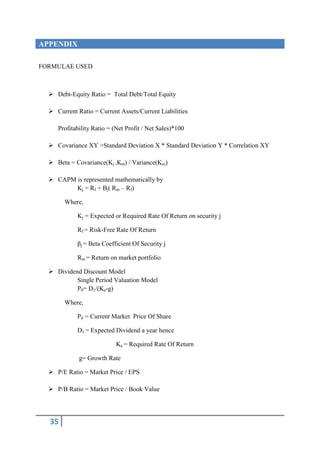 APPENDIX

FORMULAE USED



   Debt-Equity Ratio = Total Debt/Total Equity

   Current Ratio = Current Assets/Current Liabilities

     Profitability Ratio = (Net Profit / Net Sales)*100

   Covariance XY =Standard Deviation X * Standard Deviation Y * Correlation XY

   Beta = Covariance(Kj ,Km) / Variance(Km)

   CAPM is represented mathematically by
         Kj = Rf + Bj( Rm – Rf)

        Where,

            Kj = Expected or Required Rate Of Return on security j

            Rf = Risk-Free Rate Of Return

            βj = Beta Coefficient Of Security j

            Rm = Return on market portfolio

   Dividend Discount Model
           Single Period Valuation Model
           P0= D1/(Ke-g)

        Where,

            P0 = Current Market Price Of Share

            D1 = Expected Dividend a year hence

                            Ke = Required Rate Of Return

             g= Growth Rate

   P/E Ratio = Market Price / EPS

   P/B Ratio = Market Price / Book Value




  35
 