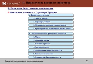 II. Привлечение внешнего инвестора
B. Подготовка Инвестиционного предложения

6. Финансовая отчетность – Параметры Проверки
a. Финансовая отчетность
1. Доход от продаж

2. Структура расходов
3. Материально-производственные запасы
4. Краткосрочные и долгосрочные обязательства
b. Постинвестиционные финансовые показатели
1. Маржа

2. География продаж
3. Накладные расходы

4. Денежные потоки
5. Потребности в оборотном капитале
6. Капитальные вложения
7. Планируемые балансовые отчеты
От российских инноваций к мировым рынкам

39

 