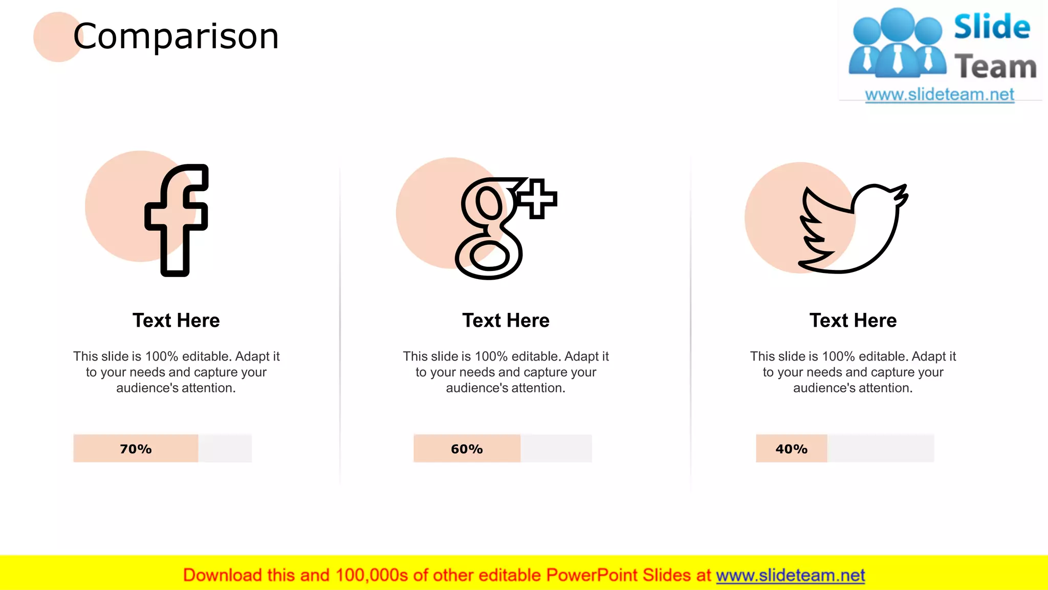 Comparison
Text Here
This slide is 100% editable. Adapt it
to your needs and capture your
audience's attention.
70%
Text Here
This slide is 100% editable. Adapt it
to your needs and capture your
audience's attention.
60%
Text Here
This slide is 100% editable. Adapt it
to your needs and capture your
audience's attention.
40%
19
 