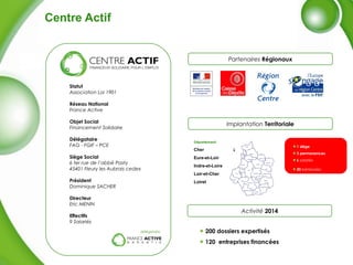 Statut
Association Loi 1901
Réseau National
France Active
Objet Social
Financement Solidaire
Délégataire
FAG - FGIF – PCE
Siège Social
6 ter rue de l’abbé Pasty
45401 Fleury les Aubrais cedex
Président
Dominique SACHER
Directeur
Eric MENIN
Effectifs
9 Salariés
délégataire
Partenaires Régionaux
Implantation Territoriale
1 siège
3 permanences
6 salariés
20 bénévoles
Département:
Cher
Eure-et-Loir
Indre-et-Loire
Loir-et-Cher
Loiret
Activité 2014
200 dossiers expertisés
120 entreprises financées
Centre Actif
 
