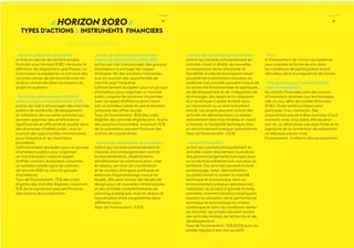 14 
// Horizon 2020 // 
ZOOM sur... « Instrument PME » 
Les PME sont des partenaires 
incontournables des projets de recherche 
et d’innovation européens. Dans Horizon 
2020, l’objectif fixé par le Conseil et le 
Parlement est d’allouer au moins 20% 
des budgets des priorités 2 (primauté 
industrielle) et 3 (défis de société), soit 
environ 8 milliards d’euros, aux PME. 
Pour qui ? 
PME innovantes. 
Pourquoi ? 
Cet instrument est destiné à tous les 
types de PME innovantes présentant 
une forte ambition de se développer, 
croître et s’internationaliser. Il sera dédié 
à tous les types d’innovation, y compris 
les innovations non-technologiques 
et de services. L’instrument PME est 
conçu comme un «outil» de croissance 
qui pourra être porté par une seule 
PME. La Commission propose en effet 
pour la première fois d’accorder des 
financements à des projets portés par 
une seule PME qui devrait se traduire 
pour l’entreprise par la mise en oeuvre de 
projets plus stratégiques. 
Quel financement ? 
Pour son financement, tous les défis 
sociétaux et technologies génériques 
et industrielles doivent appliquer 
l’instrument consacré aux PME et allouer 
un montant à celui-ci, à hauteur de 7% sur 
l’ensemble de la durée du programme 
cadre. 
L’instrument PME pourra soutenir 
l’entreprise par étape en fonction de 
la maturité du projet et accorder une 
subvention dans les deux premières 
étapes : 
- Phase 1 : évaluation du concept et de 
la faisabilité. 
Jusqu’à 50 000 euros en subvention, à 
partir d’un business plan démontrant la 
viabilité de développement d’un marché 
potentiel ; 
- Phase 2 : R&D, première application 
commerciale/démonstration. 
Entre 1 million et 2,5 millions d’euros en 
subvention ; 
- Phase 3 : accord de prêts ou 
fonds propres pour la phase 
de commercialisation, avec un 
accompagnement. 
Chacune des phases est ouverte 
indépendamment à toutes les PME : 
pas d’obligation par exemple de passer 
par la phase 1 pour déposer un projet en 
phase 2. 
Comment ? 
Déclinaison en appels à projets, ouverts 
en permanence avec environ 4 dates 
d’évaluation par an. 
La PME bénéficie d’un accompagnement 
(conseil, formation) financé par la 
Commission européenne, accessible via 
le Réseau Entreprise Europe. 
Portail du Participant : 
ec.europa.eu/research/participants/ 
portal/desktop/en/opportunities/h2020 
Plus d’infos : 
ec.europa.eu/easme/sme_en.htm 
 