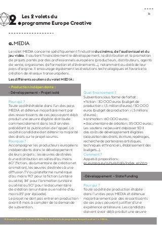 36 
2.Les 2 volets du 
programme Europe Creative 
a.MEDIA 
Le volet MEDIA concerne spécifiquement l’industrie du cinéma, de l’audiovisuel et du 
jeu vidéo. Il soutient financièrement le développement, la distribution et la promotion 
de projets portés par des professionnels européens (producteurs, distributeurs, agents 
de vente, organismes de formation et d’évènements…), notamment au-delà de leur 
pays d’origine. Il encourage également les évolutions technologiques et favorise la 
création de réseaux transeuropéens. 
Les différents soutiens du volet MEDIA : 
• Production indépendante : 
- Développement – Projet isolé 
Pour qui ? 
Toute société établie dans l’un des pays 
MEDIA et détenue majoritairement par 
des ressortissants de ces pays ayant déjà 
produit une oeuvre éligible distribuée 
commercialement dans les 2 années 
précédant la publication de l’appel. La 
société candidate doit détenir la majorité 
des droits sur le projet soumis. 
Pourquoi ? 
Accompagner les producteurs européens 
indépendants dans le développement 
de leurs projets : les oeuvres destinées 
à une distribution en salles d’au moins 
60’ (fiction, documentaire de création et 
animation), les oeuvres destinées à une 
diffusion TV ou plateforme numérique 
d’au moins 90’ pour la fiction (unitaire 
ou série), 24’ pour l’animation (unitaire 
ou série) ou 50’ pour le documentaire 
de création (en unitaire ou en série d’au 
moins 25’ par épisode). 
Le projet ne doit pas entrer en production 
avant 8 mois à compter de la demande 
de subvention. 
Quel financement ? 
Subventions sous forme de forfait : 
• fiction : 30 000 euros (budget de 
production < 1,5 million d’euros) / 50 000 
euros (budget de production > 1,5 millions 
d’euros) ; 
• animation : 60 000 euros ; 
• documentaire de création : 25 000 euros ; 
Les soutiens ne peuvent dépasser 50 % 
des coûts de développement éligibles 
(acquisition des droits, écriture, repérages, 
recherche de partenaires artistiques, 
techniques et financiers, établissement des 
budgets...). 
Comment ? 
Appels à propositions : 
ec.europa.eu/culture/calls/index_en.htm 
-Développement – Slate Funding 
Pour qui ? 
Toute société de production établie 
dans l’un des pays MEDIA et détenue 
majoritairement par des ressortissants 
de ces pays pouvant justifier d‘une 
expérience antérieure. Les candidats 
doivent avoir déjà produit une oeuvre 
III. Europe Creative : Culture & Médias // 2. Les 2 volets du programme Europe Creative // a. MEDIA 
 