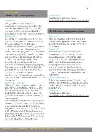 38 
• Distribution : 
- Distribution - Soutien sélectif 
Pour qui ? 
Les groupements d’au moins 7 
distributeurs européens, coordonnés 
par un agent de vente internationale, 
qui assurent la distribution d’un film 
européen hors de son territoire d’origine. 
Pourquoi ? 
Encourager les distributeurs à investir 
dans la promotion et la distribution de 
films européens non nationaux : 
oeuvres européennes récentes (produites 
majoritairement par des producteurs 
établis dans des pays MEDIA et réalisées 
avec une participation significative de 
professionnels de ces pays), de fiction, 
d’animation ou de documentaire, 
destinées à une sortie en salles. 
Les films allemands, anglais, espagnols, 
français et italiens dont le budget de 
production est supérieur à 10 millions 
d’euros ne sont pas éligibles. 
Les films retenus devront sortir en salles 
dans les 18 mois qui suivent le dépôt de la 
demande. 
Quel financement ? 
Subventions accordées aux distributeurs 
sous forme de forfait dont le montant 
est calculé en fonction du territoire de 
distribution et de la taille de la sortie 
(nombre maximum d’écrans atteints sur 
une semaine). 
Les montants vont de 2 800 euros (1 à 2 
écrans) à 150 000 euros (≥ 200 écrans) 
pour une campagne de distribution 
française ; de 4 800 euros (1 à 2 écrans) 
à 59 100 euros (≥ 40 écrans) pour une 
campagne belge et de 3 000 euros (1 à 
2 écrans) à 8 700 euros (≥ 8 écrans) pour 
une campagne luxembourgeoise. 
Comment ? 
Appels à propositions (2/an) : 
ec.europa.eu/culture/calls/index_en.htm 
- Distribution - Soutien automatique 
Pour qui ? 
Tout distributeur originaire d’un pays 
MEDIA ayant préalablement distribué 
au moins une oeuvre européenne non 
nationale. 
Pourquoi ? 
Soutenir les distributeurs de films 
européens non nationaux : oeuvres 
européennes récentes (produites 
majoritairement par des producteurs 
établis dans des pays participant 
au programme et réalisées avec 
une participation significative de 
professionnels de ces pays), de fiction, 
d’animation ou de documentaire d’au 
moins 60’. 
Quel financement ? 
Subventions calculées en fonction des 
entrées payantes réalisées par les films, 
de leur origine et de leur territoire de 
distribution. 
Comment ? 
Appels à propositions : 
ec.europa.eu/culture/calls/index_en.htm 
III. Europe Creative : Culture & Médias // 2. Les 2 volets du programme Europe Creative // a. MEDIA 
 