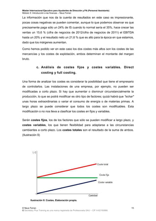 Máster Internacional Ejecutivo para Ayudantes de Dirección y PA (Personal Assistants)
Módulo X: Introducción a las finanzas – Neus Ferran
© Neus Ferran
© Secretary Plus Training es una marca registrada de Profesionalia SAU – CIF A-62160866
15
La información que nos da la cuenta de resultados en este caso es impresionante,
pocas cosas negativas se pueden comentar, aunque lo que podemos observar es que
precisamente paga sólo un 24% de IS cuando lo normal sería el 35%, hace crecer las
ventas un 15,6 % (cifra de negocios de 2012/cifra de negocios de 2011) el EBITDA
hasta un 20% y el resultado neto un 21,6 % que es alto para la época en que estamos,
dado que los márgenes aumentan.
Como hemos podido ver en este caso los dos costes más altos son los costes de las
mercancías y los costes de explotación, ambos determinan el montante del margen
bruto.
c. Análisis de costes fijos y costes variables. Direct
costing y full costing.
Una forma de analizar los costes es considerar la posibilidad que tiene el empresario
de controlarlos. Las instalaciones de una empresa, por ejemplo, no pueden ser
modificadas a corto plazo. Si hay que aumentar o disminuir circunstancialmente la
producción, lo que se podrá modificar es otro tipo de factores; quizá habrá que "echar"
unas horas extraordinarias o variar el consumo de energía o de materias primas. A
largo plazo se puede considerar que todos los costes son modificables. Esta
modificación o no nos lleva a clasificar los costes en fijos y variables.
Serán costes fijos, los de los factores que sólo se pueden modificar a largo plazo, y
costes variables, los que tienen flexibilidad para adaptarse a las circunstancias
cambiantes a corto plazo. Los costes totales son el resultado de la suma de ambos.
(Ilustración 9)
Ilustración 9: Costes. Elaboración propia.
 