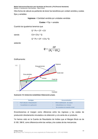 Máster Internacional Ejecutivo para Ayudantes de Dirección y PA (Personal Assistants)
Módulo X: Introducción a las finanzas – Neus Ferran
© Neus Ferran
© Secretary Plus Training es una marca registrada de Profesionalia SAU – CIF A-62160866
17
Otra forma de cálculo es partiendo de tener los beneficios por unidad vendida y costes
fijos y variables:
Ingresos = Cantidad vendida por unidades vendidas
Costes = Fijo + variable
Cuando los igualamos tenemos que
Q * Pv = CF + CV
siendo CV= CVu * Q
Q * Pv = CF + CVu *Q
aislando
( )
Gráficamente:
Ventajas Inconvenientes
• Fácil cálculo e interpretación
• Versatilidad en la aplicación
• Difícil clasificación de costos
• Inflexibilidad en el tiempo
• No considera la inversión inicial
Encontraremos el margen como diferencia entre los ingresos y los costes de
producción directamente vinculados a la obtención y a la venta de un producto.
Ya hemos visto en la Cuenta de Resultados de Inditex que el Margen Bruto es de
8.180. 396 €, como diferencia entre las ventas y los costes de las mercancías.
Ingresos
Zona ganancias
Zona pérdidas
Coste total
Coste fijo
Cantidad
I, C
Umbral
Ilustración 10: Umbral de rentabilidad. Elaboración propia.
 