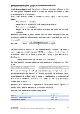 Máster Internacional Ejecutivo para Ayudantes de Dirección y PA (Personal Assistants)
Módulo X: Introducción a las finanzas – Neus Ferran
© Neus Ferran
© Secretary Plus Training es una marca registrada de Profesionalia SAU – CIF A-62160866
34
Cuota de amortización: es la depreciación en términos monetarios sufrida por el bien
en este ejercicio económico debido a su uso. Se obtiene multiplicando al valor
amortizable el tanto de amortización.
Cómo existen diferentes métodos de amortización veremos alguno de ellos, en general
existen:
- Método lineal o de cuotas fijas.
- Método del tanto fijo sobre una base amortizable decreciente.
- Método de los números dígitos.
- Método de la cuota de amortización constante por unidad de productos
elaborada.
El método lineal como su propio nombre indica las cuotas de amortizaciones son
constantes. A cada ejercicio económico se le asigna la n-ésima parte del valor de
amortización.
Fórmula:
Si deseamos calcular las amortizaciones correspondientes a cada ejercicio económico
de un equipo de producción valorado en 60.000 euros, utilizando el método lineal o de
cuotas fijas. La vida útil del equipo se estima en 10 años y su valor residual es de
5.000 euros.
Cuota de amortización = (60.000 – 5.000)/10= 5.500 euros
Es decir, todos los ejercicios deberemos dotar la cuenta de amortización con 5.500
euros.
5.500 Amortización de inmovilizado a Amortización acumulada de inmovilizado 5.500
Siguiendo con el ejemplo de Inditex, la empresa nos dice por ejemplo en el caso del
Inmovilizado Material se valora por el coste de adquisición que incluye los gastos
adicionales que se producen hasta la puesta en condiciones de funcionamiento del
bien, menos la amortización acumulada y las pérdidas por deterioro o depreciación
que se deban reconocer.
EI importe de la amortización se registra en los resultados del ejercicio siguiendo un
método lineal a partir de la vida útil de los diferentes elementos.
Las vidas útiles medias estimadas son las siguientes:
Descripción Años de vida útil
Edificios 25 a 50 años
Instalaciones, mobiliario y maquinaria 7 a 13 años
Otro inmovilizado material 4 a 13 años
 