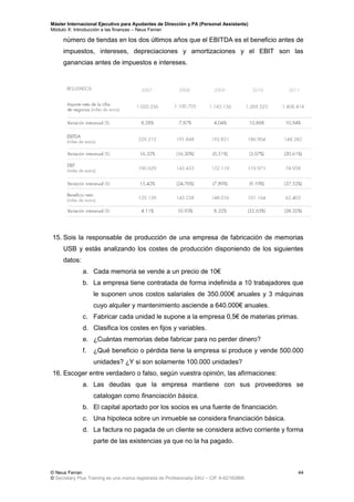 Máster Internacional Ejecutivo para Ayudantes de Dirección y PA (Personal Assistants)
Módulo X: Introducción a las finanzas – Neus Ferran
© Neus Ferran
© Secretary Plus Training es una marca registrada de Profesionalia SAU – CIF A-62160866
44
número de tiendas en los dos últimos años que el EBITDA es el beneficio antes de
impuestos, intereses, depreciaciones y amortizaciones y el EBIT son las
ganancias antes de impuestos e intereses.
15. Sois la responsable de producción de una empresa de fabricación de memorias
USB y estás analizando los costes de producción disponiendo de los siguientes
datos:
a. Cada memoria se vende a un precio de 10€
b. La empresa tiene contratada de forma indefinida a 10 trabajadores que
le suponen unos costos salariales de 350.000€ anuales y 3 máquinas
cuyo alquiler y mantenimiento asciende a 640.000€ anuales.
c. Fabricar cada unidad le supone a la empresa 0,5€ de materias primas.
d. Clasifica los costes en fijos y variables.
e. ¿Cuántas memorias debe fabricar para no perder dinero?
f. ¿Qué beneficio o pérdida tiene la empresa si produce y vende 500.000
unidades? ¿Y si son solamente 100.000 unidades?
16. Escoger entre verdadero o falso, según vuestra opinión, las afirmaciones:
a. Las deudas que la empresa mantiene con sus proveedores se
catalogan como financiación básica.
b. El capital aportado por los socios es una fuente de financiación.
c. Una hipoteca sobre un inmueble se considera financiación básica.
d. La factura no pagada de un cliente se considera activo corriente y forma
parte de las existencias ya que no la ha pagado.
 