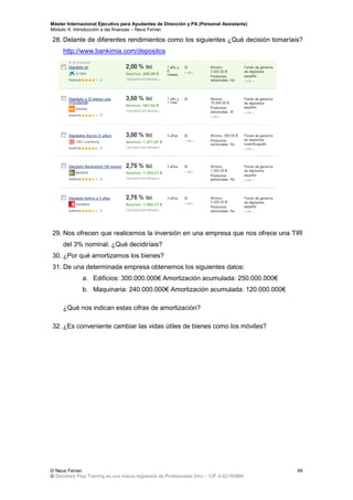 Máster Internacional Ejecutivo para Ayudantes de Dirección y PA (Personal Assistants)
Módulo X: Introducción a las finanzas – Neus Ferran
© Neus Ferran
© Secretary Plus Training es una marca registrada de Profesionalia SAU – CIF A-62160866
49
28. Delante de diferentes rendimientos como los siguientes ¿Qué decisión tomaríais?
http://www.bankimia.com/depositos
29. Nos ofrecen que realicemos la inversión en una empresa que nos ofrece una TIR
del 3% nominal. ¿Qué decidiríais?
30. ¿Por qué amortizamos los bienes?
31. De una determinada empresa obtenemos los siguientes datos:
a. Edificios: 300.000.000€ Amortización acumulada: 250.000.000€
b. Maquinaria: 240.000.000€ Amortización acumulada: 120.000.000€
¿Qué nos indican estas cifras de amortización?
32. ¿Es conveniente cambiar las vidas útiles de bienes como los móviles?
 