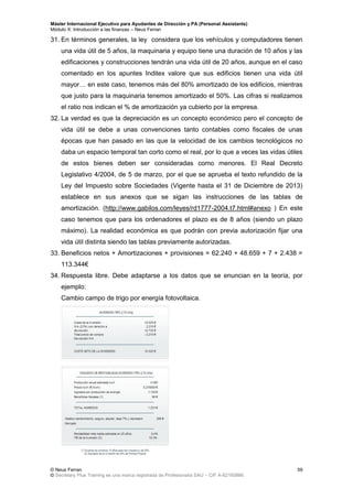 Máster Internacional Ejecutivo para Ayudantes de Dirección y PA (Personal Assistants)
Módulo X: Introducción a las finanzas – Neus Ferran
© Neus Ferran
© Secretary Plus Training es una marca registrada de Profesionalia SAU – CIF A-62160866
59
31. En términos generales, la ley considera que los vehículos y computadores tienen
una vida útil de 5 años, la maquinaria y equipo tiene una duración de 10 años y las
edificaciones y construcciones tendrán una vida útil de 20 años, aunque en el caso
comentado en los apuntes Inditex valore que sus edificios tienen una vida útil
mayor… en este caso, tenemos más del 80% amortizado de los edificios, mientras
que justo para la maquinaria tenemos amortizado el 50%. Las cifras si realizamos
el ratio nos indican el % de amortización ya cubierto por la empresa.
32. La verdad es que la depreciación es un concepto económico pero el concepto de
vida útil se debe a unas convenciones tanto contables como fiscales de unas
épocas que han pasado en las que la velocidad de los cambios tecnológicos no
daba un espacio temporal tan corto como el real, por lo que a veces las vidas útiles
de estos bienes deben ser consideradas como menores. El Real Decreto
Legislativo 4/2004, de 5 de marzo, por el que se aprueba el texto refundido de la
Ley del Impuesto sobre Sociedades (Vigente hasta el 31 de Diciembre de 2013)
establece en sus anexos que se sigan las instrucciones de las tablas de
amortización. (http://www.gabilos.com/leyes/rd1777-2004.t7.html#anexo ) En este
caso tenemos que para los ordenadores el plazo es de 8 años (siendo un plazo
máximo). La realidad económica es que podrán con previa autorización fijar una
vida útil distinta siendo las tablas previamente autorizadas.
33. Beneficios netos + Amortizaciones + provisiones = 62.240 + 48.659 + 7 + 2.438 =
113.344€
34. Respuesta libre. Debe adaptarse a los datos que se enuncian en la teoría, por
ejemplo:
Cambio campo de trigo por energía fotovoltaica.
 