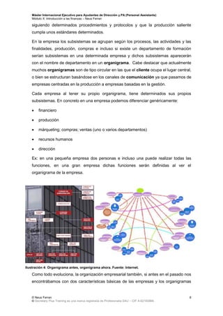 Máster Internacional Ejecutivo para Ayudantes de Dirección y PA (Personal Assistants)
Módulo X: Introducción a las finanzas – Neus Ferran
© Neus Ferran
© Secretary Plus Training es una marca registrada de Profesionalia SAU – CIF A-62160866
8
siguiendo determinados procedimientos y protocolos y que la producción saliente
cumpla unos estándares determinados.
En la empresa los subsistemas se agrupan según los procesos, las actividades y las
finalidades, producción, compras e incluso si existe un departamento de formación
serían subsistemas en una determinada empresa y dichos subsistemas aparecerán
con el nombre de departamento en un organigrama. Cabe destacar que actualmente
muchos organigramas son de tipo circular en las que el cliente ocupa el lugar central,
o bien se estructuran basándose en los canales de comunicación ya que pasamos de
empresas centradas en la producción a empresas basadas en la gestión.
Cada empresa al tener su propio organigrama, tiene determinados sus propios
subsistemas. En concreto en una empresa podemos diferenciar genéricamente:
 financiero
 producción
 márqueting; compras; ventas (uno o varios departamentos)
 recursos humanos
 dirección
Ex: en una pequeña empresa dos personas e incluso una puede realizar todas las
funciones, en una gran empresa dichas funciones serán definidas al ver el
organigrama de la empresa.
Como todo evoluciona, la organización empresarial también, si antes en el pasado nos
encontrábamos con dos características básicas de las empresas y los organigramas
Ilustración 4: Organigrama antes, organigrama ahora. Fuente: Internet.
 