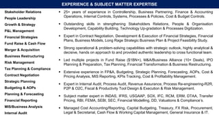 EXPERIENCE & SUBJECT MATTER EXPERTISE
 25+ years of experience in Controllership, Business Partnering, Finance & Accounti...