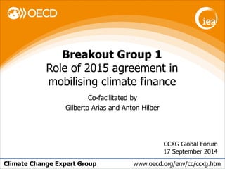 Climate Change Expert Group 
www.oecd.org/env/cc/ccxg.htm 
CCXG Global Forum 
17 September 2014 
Co-facilitated by 
Gilberto Arias and Anton Hilber 
Breakout Group 1 
Role of 2015 agreement in mobilising climate finance  