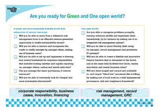 Are you ready for Green and One open world?
| Vision 2020
corporate responsibility, business
cases, innovation, financing
risk management, record
management, GRC
13
Finance Vision 2020
 