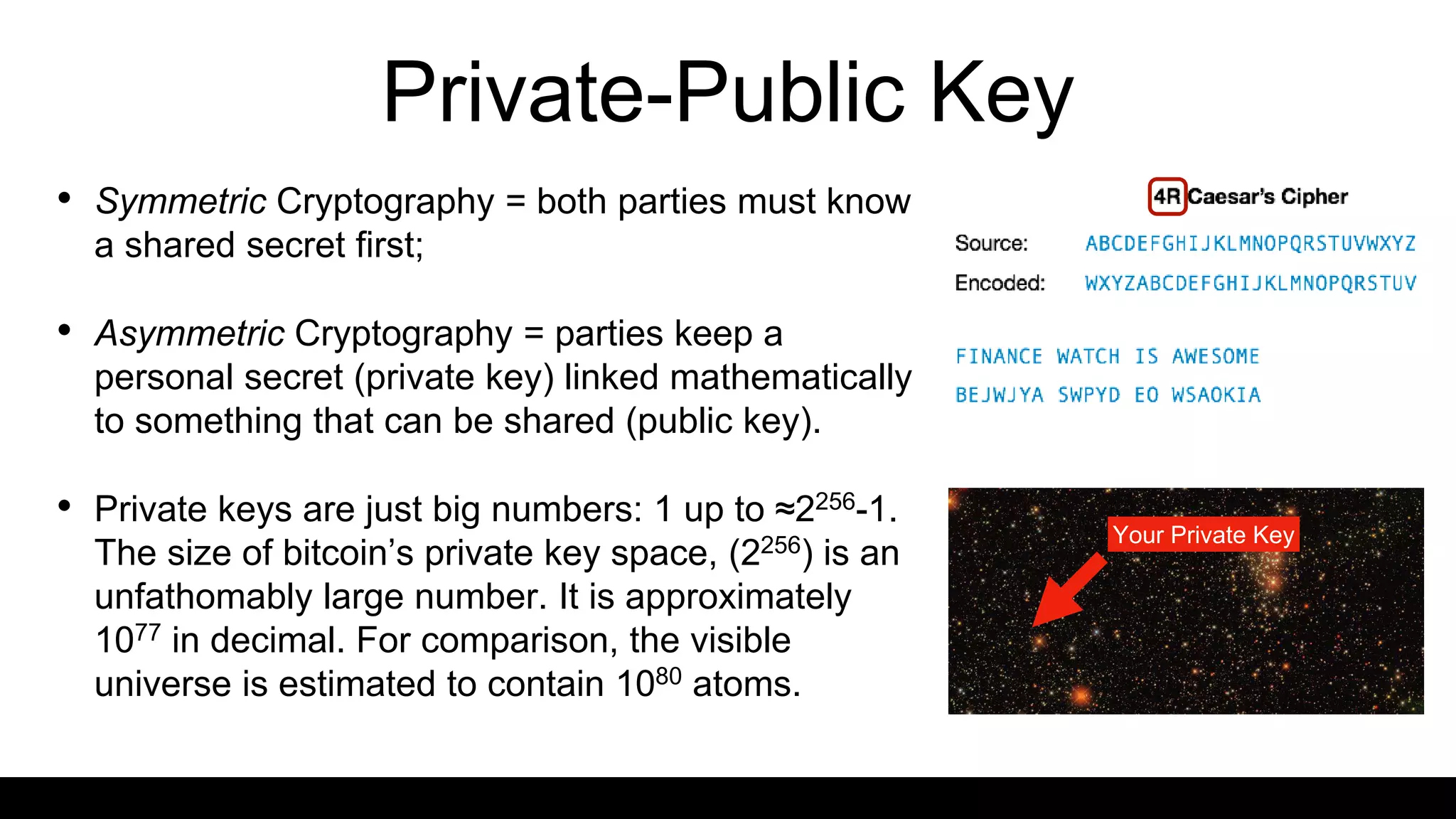 Private-Public Key
• Symmetric Cryptography = both parties must know
a shared secret first;
• Asymmetric Cryptography = parties keep a
personal secret (private key) linked mathematically
to something that can be shared (public key).
• Private keys are just big numbers: 1 up to ≈2256-1.
The size of bitcoin’s private key space, (2256) is an
unfathomably large number. It is approximately
1077 in decimal. For comparison, the visible
universe is estimated to contain 1080 atoms.
Your Private Key
 