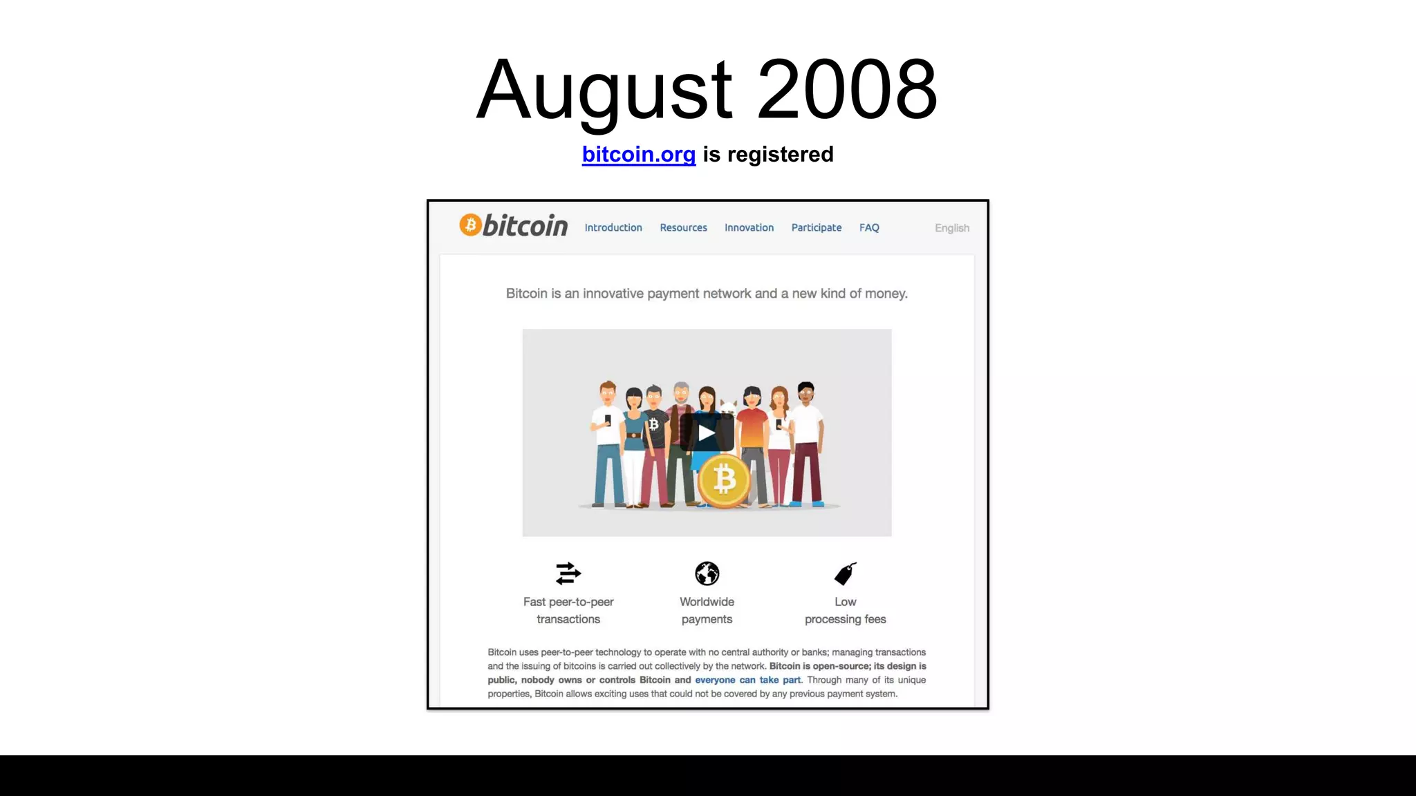August 2008
bitcoin.org is registered
 