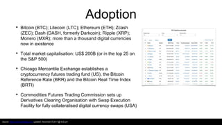 Adoption
• Bitcoin (BTC); Litecoin (LTC); Ethereum (ETH); Zcash
(ZEC); Dash (DASH, formerly Darkcoin); Ripple (XRP);
Monero (MXR); more than a thousand digital currencies
now in existence
• Total market capitalisation: US$ 200B (or in the top 25 on
the S&P 500)
• Chicago Mercantile Exchange establishes a
cryptocurrency futures trading fund (US), the Bitcoin
Reference Rate (BRR) and the Bitcoin Real Time Index
(BRTI)
• Commodities Futures Trading Commission sets up
Derivatives Clearing Organisation with Swap Execution
Facility for fully collateralised digital currency swaps (USA)
Source: https://coinmarketcap.com, updated: November 8 2017 @ 6:02 pm
 