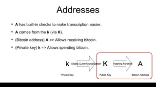 Addresses
• A has built-in checks to make transcription easier.
• A comes from the k (via K).
• (Bitcoin address) A => Allows receiving bitcoin.
• (Private key) k => Allows spending bitcoin.
 
