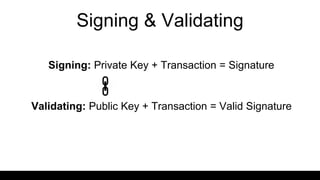 Signing & Validating
Signing: Private Key + Transaction = Signature
Validating: Public Key + Transaction = Valid Signature
 