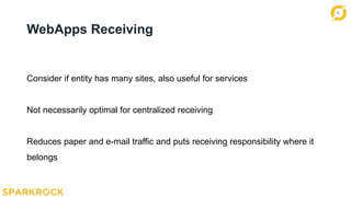 10
WebApps Receiving
Consider if entity has many sites, also useful for services
Not necessarily optimal for centralized receiving
Reduces paper and e-mail traffic and puts receiving responsibility where it
belongs
 