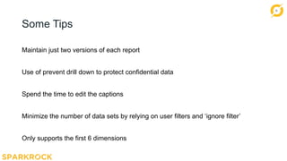 14
Some Tips
Maintain just two versions of each report
Use of prevent drill down to protect confidential data
Spend the time to edit the captions
Minimize the number of data sets by relying on user filters and ‘ignore filter’
Only supports the first 6 dimensions
 