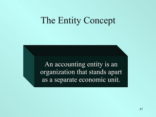 The Entity Concept An accounting entity is an organization that stands apart as a separate economic unit. 
