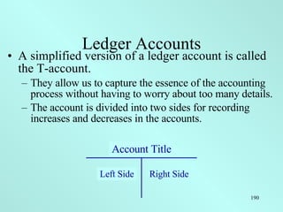 Ledger Accounts <ul><li>A simplified version of a ledger account is called the T-account. </li></ul><ul><ul><li>They allow...