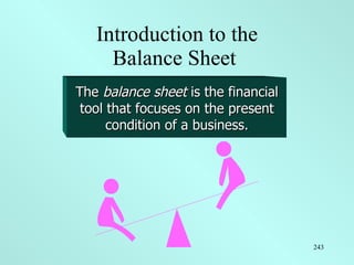 Introduction to the Balance Sheet  The  balance sheet  is the financial tool that focuses on the present condition of a bu...