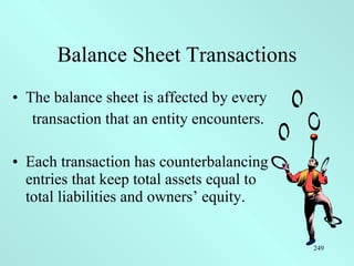 Balance Sheet Transactions <ul><li>The balance sheet is affected by every  </li></ul><ul><li>transaction that an entity en...