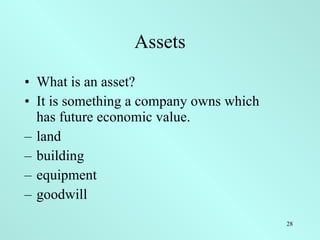 Assets <ul><li>What is an asset? </li></ul><ul><li>It is something a company owns which  has future economic value. </li><...