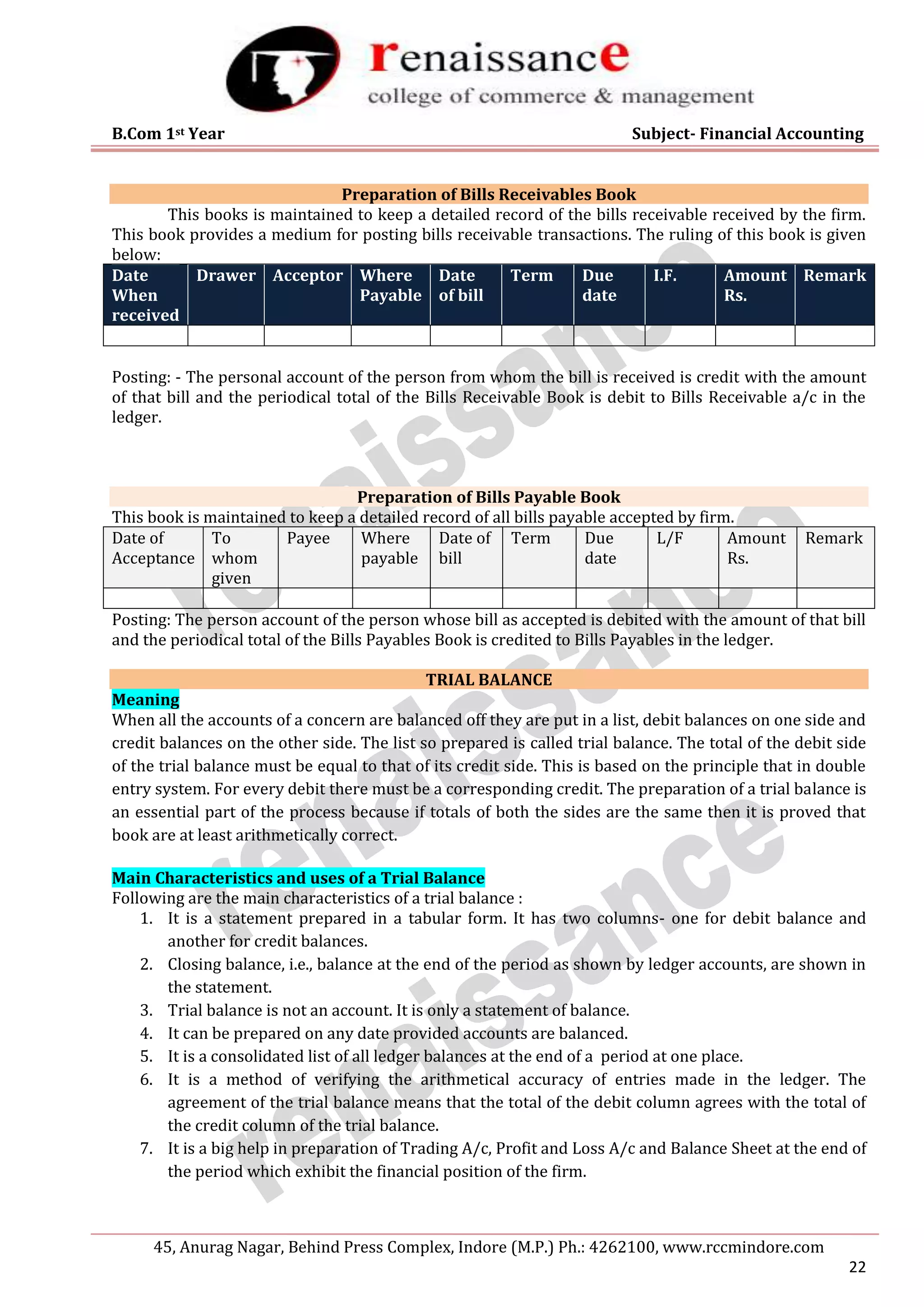 B.Com 1st Year Subject- Financial Accounting
45, Anurag Nagar, Behind Press Complex, Indore (M.P.) Ph.: 4262100, www.rccmindore.com
22
Preparation of Bills Receivables Book
This books is maintained to keep a detailed record of the bills receivable received by the firm.
This book provides a medium for posting bills receivable transactions. The ruling of this book is given
below:
Date
When
received
Drawer Acceptor Where
Payable
Date
of bill
Term Due
date
I.F. Amount
Rs.
Remark
Posting: - The personal account of the person from whom the bill is received is credit with the amount
of that bill and the periodical total of the Bills Receivable Book is debit to Bills Receivable a/c in the
ledger.
Preparation of Bills Payable Book
This book is maintained to keep a detailed record of all bills payable accepted by firm.
Date of
Acceptance
To
whom
given
Payee Where
payable
Date of
bill
Term Due
date
L/F Amount
Rs.
Remark
Posting: The person account of the person whose bill as accepted is debited with the amount of that bill
and the periodical total of the Bills Payables Book is credited to Bills Payables in the ledger.
TRIAL BALANCE
Meaning
When all the accounts of a concern are balanced off they are put in a list, debit balances on one side and
credit balances on the other side. The list so prepared is called trial balance. The total of the debit side
of the trial balance must be equal to that of its credit side. This is based on the principle that in double
entry system. For every debit there must be a corresponding credit. The preparation of a trial balance is
an essential part of the process because if totals of both the sides are the same then it is proved that
book are at least arithmetically correct.
Main Characteristics and uses of a Trial Balance
Following are the main characteristics of a trial balance :
1. It is a statement prepared in a tabular form. It has two columns- one for debit balance and
another for credit balances.
2. Closing balance, i.e., balance at the end of the period as shown by ledger accounts, are shown in
the statement.
3. Trial balance is not an account. It is only a statement of balance.
4. It can be prepared on any date provided accounts are balanced.
5. It is a consolidated list of all ledger balances at the end of a period at one place.
6. It is a method of verifying the arithmetical accuracy of entries made in the ledger. The
agreement of the trial balance means that the total of the debit column agrees with the total of
the credit column of the trial balance.
7. It is a big help in preparation of Trading A/c, Profit and Loss A/c and Balance Sheet at the end of
the period which exhibit the financial position of the firm.
 