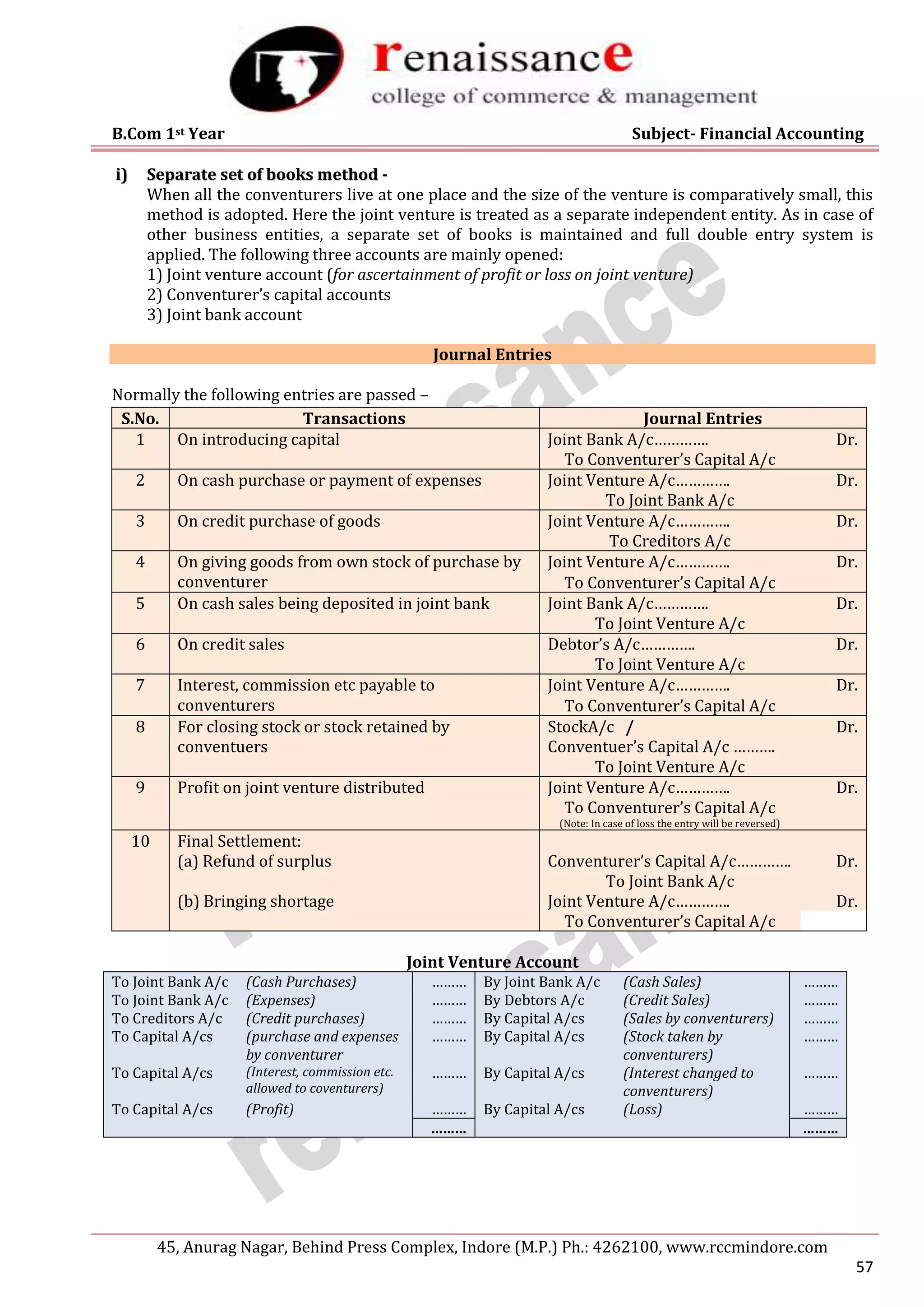 B.Com 1st Year Subject- Financial Accounting
45, Anurag Nagar, Behind Press Complex, Indore (M.P.) Ph.: 4262100, www.rccmindore.com
57
i
i)
) S
Se
ep
pa
ar
ra
at
te
e s
se
et
t o
of
f b
bo
oo
ok
ks
s m
me
et
th
ho
od
d -
-
When all the conventurers live at one place and the size of the venture is comparatively small, this
method is adopted. Here the joint venture is treated as a separate independent entity. As in case of
other business entities, a separate set of books is maintained and full double entry system is
applied. The following three accounts are mainly opened:
1) Joint venture account (for ascertainment of profit or loss on joint venture)
2) Conventurer’s capital accounts
3) Joint bank account
Journal Entries
Normally the following entries are passed –
S.No. Transactions Journal Entries
1 On introducing capital Joint Bank A/c…………. Dr.
To Conventurer’s Capital A/c
2 On cash purchase or payment of expenses Joint Venture A/c…………. Dr.
To Joint Bank A/c
3 On credit purchase of goods Joint Venture A/c…………. Dr.
To Creditors A/c
4 On giving goods from own stock of purchase by
conventurer
Joint Venture A/c…………. Dr.
To Conventurer’s Capital A/c
5 On cash sales being deposited in joint bank Joint Bank A/c…………. Dr.
To Joint Venture A/c
6 On credit sales Debtor’s A/c…………. Dr.
To Joint Venture A/c
7 Interest, commission etc payable to
conventurers
Joint Venture A/c…………. Dr.
To Conventurer’s Capital A/c
8 For closing stock or stock retained by
conventuers
StockA/c /
Conventuer’s Capital A/c ……….
Dr.
To Joint Venture A/c
9 Profit on joint venture distributed Joint Venture A/c…………. Dr.
To Conventurer’s Capital A/c
(Note: In case of loss the entry will be reversed)
10 Final Settlement:
(a) Refund of surplus Conventurer’s Capital A/c…………. Dr.
To Joint Bank A/c
(b) Bringing shortage Joint Venture A/c…………. Dr.
To Conventurer’s Capital A/c
Joint Venture Account
To Joint Bank A/c (Cash Purchases) ……… By Joint Bank A/c (Cash Sales) ………
To Joint Bank A/c (Expenses) ……… By Debtors A/c (Credit Sales) ………
To Creditors A/c (Credit purchases) ……… By Capital A/cs (Sales by conventurers) ………
To Capital A/cs (purchase and expenses
by conventurer
……… By Capital A/cs (Stock taken by
conventurers)
………
To Capital A/cs (Interest, commission etc.
allowed to coventurers)
……… By Capital A/cs (Interest changed to
conventurers)
………
To Capital A/cs (Profit) ……… By Capital A/cs (Loss) ………
……… ………
 