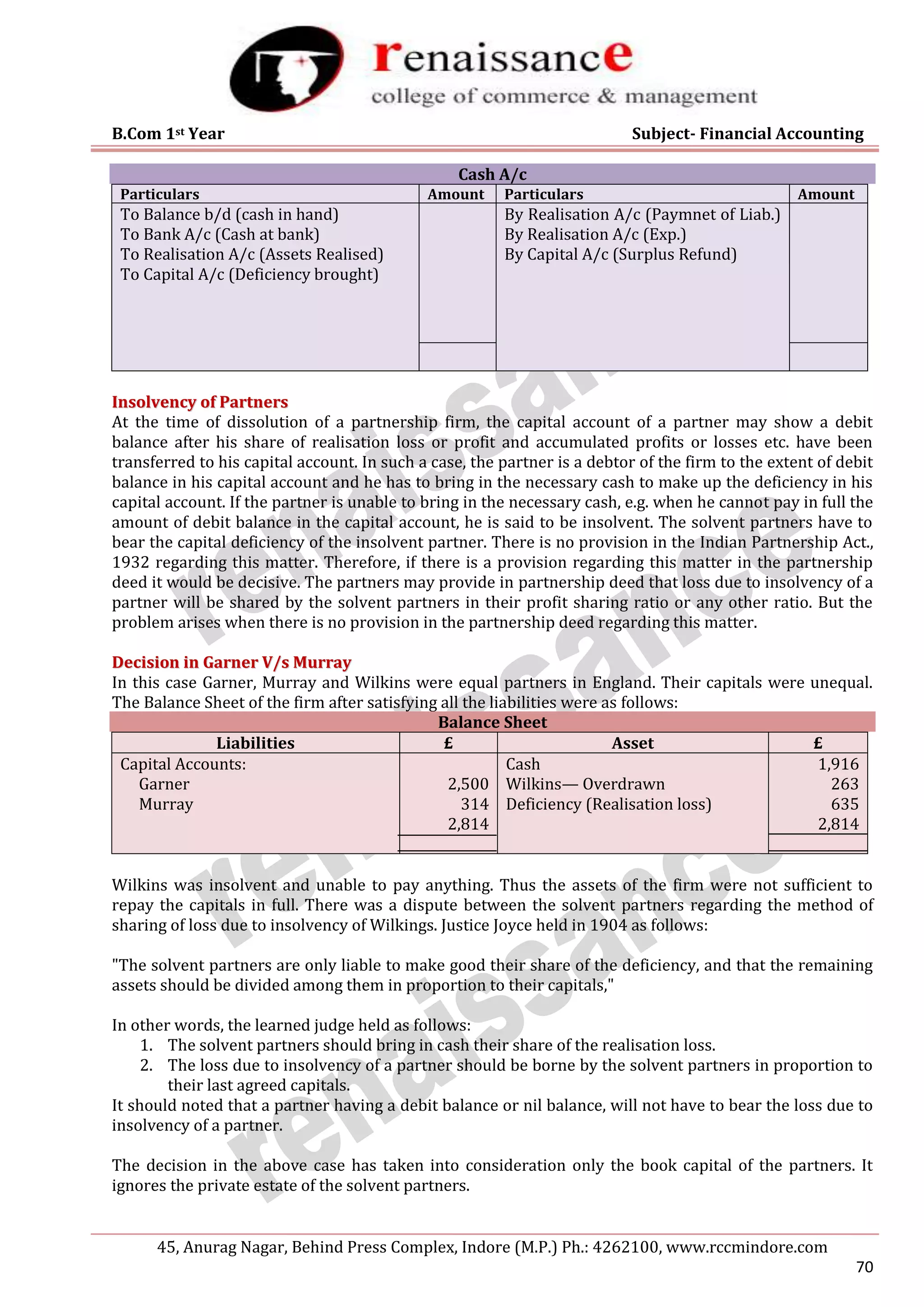 B.Com 1st Year Subject- Financial Accounting
45, Anurag Nagar, Behind Press Complex, Indore (M.P.) Ph.: 4262100, www.rccmindore.com
70
Cash A/c
Particulars Amount Particulars Amount
To Balance b/d (cash in hand)
To Bank A/c (Cash at bank)
To Realisation A/c (Assets Realised)
To Capital A/c (Deficiency brought)
By Realisation A/c (Paymnet of Liab.)
By Realisation A/c (Exp.)
By Capital A/c (Surplus Refund)
I
In
ns
so
ol
lv
ve
en
nc
cy
y o
of
f P
Pa
ar
rt
tn
ne
er
rs
s
At the time of dissolution of a partnership firm, the capital account of a partner may show a debit
balance after his share of realisation loss or profit and accumulated profits or losses etc. have been
transferred to his capital account. In such a case, the partner is a debtor of the firm to the extent of debit
balance in his capital account and he has to bring in the necessary cash to make up the deficiency in his
capital account. If the partner is unable to bring in the necessary cash, e.g. when he cannot pay in full the
amount of debit balance in the capital account, he is said to be insolvent. The solvent partners have to
bear the capital deficiency of the insolvent partner. There is no provision in the Indian Partnership Act.,
1932 regarding this matter. Therefore, if there is a provision regarding this matter in the partnership
deed it would be decisive. The partners may provide in partnership deed that loss due to insolvency of a
partner will be shared by the solvent partners in their profit sharing ratio or any other ratio. But the
problem arises when there is no provision in the partnership deed regarding this matter.
D
De
ec
ci
is
si
io
on
n i
in
n G
Ga
ar
rn
ne
er
r V
V/
/s
s M
Mu
ur
rr
ra
ay
y
In this case Garner, Murray and Wilkins were equal partners in England. Their capitals were unequal.
The Balance Sheet of the firm after satisfying all the liabilities were as follows:
Balance Sheet
Liabilities £ Asset £
Capital Accounts:
Garner
Murray
2,500
314
2,814
Cash
Wilkins— Overdrawn
Deficiency (Realisation loss)
1,916
263
635
2,814
Wilkins was insolvent and unable to pay anything. Thus the assets of the firm were not sufficient to
repay the capitals in full. There was a dispute between the solvent partners regarding the method of
sharing of loss due to insolvency of Wilkings. Justice Joyce held in 1904 as follows:
"The solvent partners are only liable to make good their share of the deficiency, and that the remaining
assets should be divided among them in proportion to their capitals,"
In other words, the learned judge held as follows:
1. The solvent partners should bring in cash their share of the realisation loss.
2. The loss due to insolvency of a partner should be borne by the solvent partners in proportion to
their last agreed capitals.
It should noted that a partner having a debit balance or nil balance, will not have to bear the loss due to
insolvency of a partner.
The decision in the above case has taken into consideration only the book capital of the partners. It
ignores the private estate of the solvent partners.
 