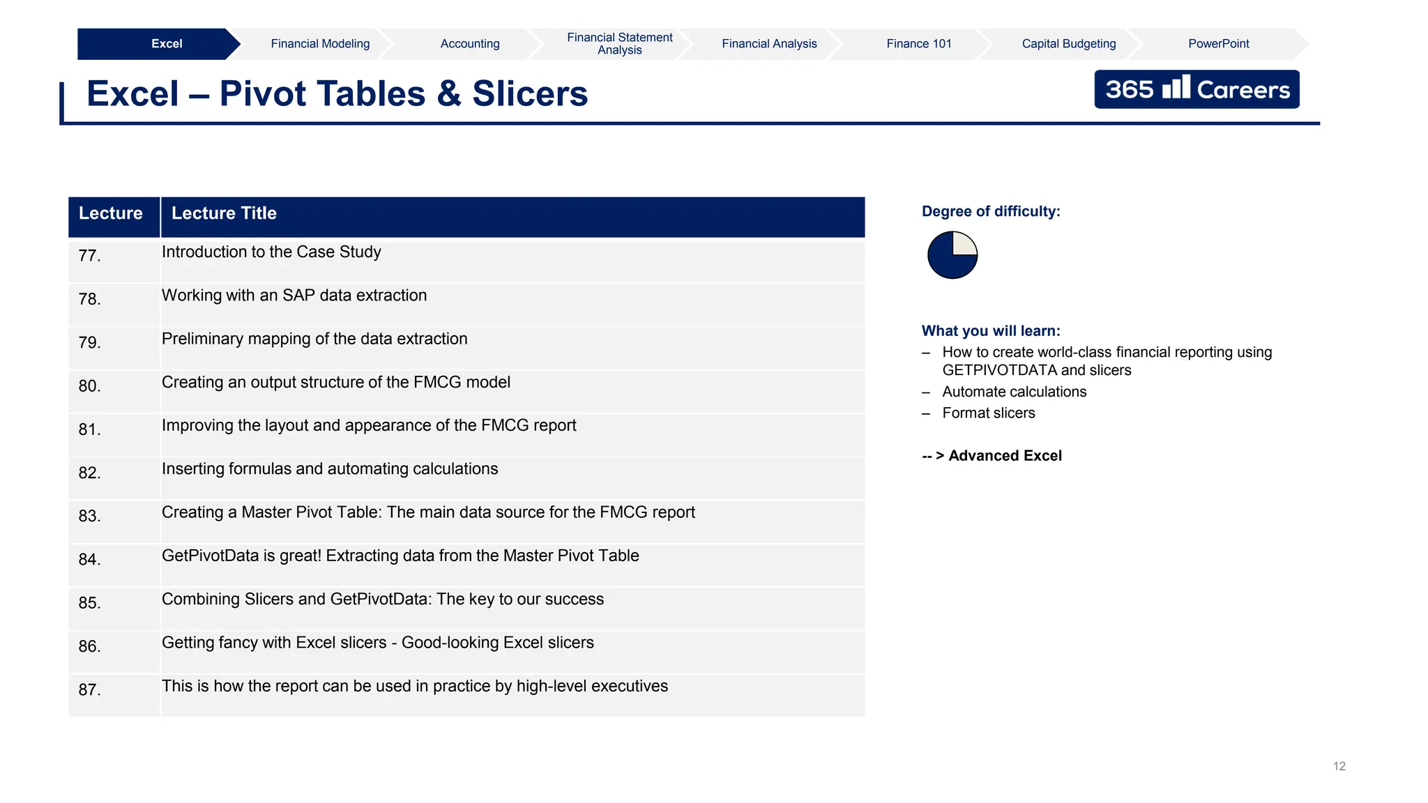 12
Excel – Pivot Tables & Slicers
Excel Financial Modeling Accounting
Financial Statement
Analysis
Financial Analysis Finance 101 Capital Budgeting PowerPoint
What you will learn:
– How to create world-class financial reporting using
GETPIVOTDATA and slicers
– Automate calculations
– Format slicers
-- > Advanced Excel
Degree of difficulty:
Lecture Lecture Title
77. Introduction to the Case Study
78. Working with an SAP data extraction
79. Preliminary mapping of the data extraction
80. Creating an output structure of the FMCG model
81. Improving the layout and appearance of the FMCG report
82. Inserting formulas and automating calculations
83. Creating a Master Pivot Table: The main data source for the FMCG report
84. GetPivotData is great! Extracting data from the Master Pivot Table
85. Combining Slicers and GetPivotData: The key to our success
86. Getting fancy with Excel slicers - Good-looking Excel slicers
87. This is how the report can be used in practice by high-level executives
 