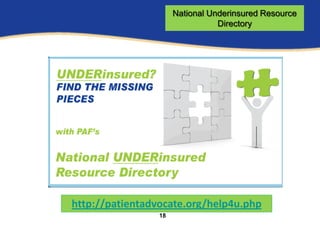 National Underinsured Resource
                                 Directory




http://patientadvocate.org/help4u.php
                 18
 