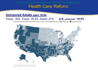 http://link.brightcove.com/services/player/bcpid1875349721?bctid=608833805001

                      Health Care Reform
Uninsured Adults ages 19-64
Texas: 30% Travis: 25.5% Austin: 27%                     U.S. uninsured: 19.5%
 