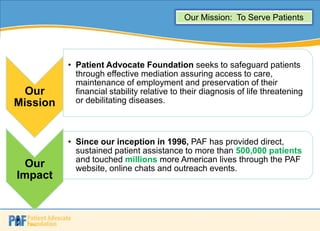Our Mission: To Serve Patients




          • Patient Advocate Foundation seeks to safeguard patients
            through effective mediation assuring access to care,
            maintenance of employment and preservation of their
  Our       financial stability relative to their diagnosis of life threatening
Mission     or debilitating diseases.



          • Since our inception in 1996, PAF has provided direct,
            sustained patient assistance to more than 500,000 patients
            and touched millions more American lives through the PAF
  Our       website, online chats and outreach events.
Impact


                                                                   3
 