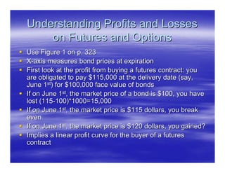 Understanding Profits and Losses
    on Futures and Options
Use Figure 1 on p. 323
X-axis measures bond prices at expiration
First look at the profit from buying a futures contract: you
are obligated to pay $115,000 at the delivery date (say,
June 1st) for $100,000 face value of bonds
If on June 1st, the market price of a bond is $100, you have
lost (115-100)*1000=15,000
If on June 1st, the market price is $115 dollars, you break
even
If on June 1st, the market price is $120 dollars, you gained?
Implies a linear profit curve for the buyer of a futures
contract
 