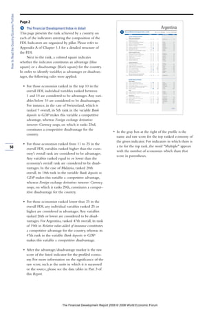 50
HowtoReadtheCountry/EconomyProfiles
Page 2
The Financial Development Index in detail
This page presents the rank achieved by a country on
each of the indicators entering the composition of the
FDI. Indicators are organized by pillar. Please refer to
Appendix A of Chapter 1.1 for a detailed structure of
the FDI.
Next to the rank, a colored square indicates
whether the indicator constitutes an advantage (blue
square) or a disadvantage (black square) for the country.
In order to identify variables as advantages or disadvan-
tages, the following rules were applied:
• For those economies ranked in the top 10 in the
overall FDI, individual variables ranked between
1 and 10 are considered to be advantages.Any vari-
ables below 10 are considered to be disadvantages.
For instance, in the case of Switzerland, which is
ranked 7 overall, its 5th rank in the variable Bank
deposits to GDP makes this variable a competitive
advantage, whereas Foreign exchange derivatives
turnover: Currency swaps, on which it ranks 23rd,
constitutes a competitive disadvantage for the
country.
• For those economies ranked from 11 to 25 in the
overall FDI, variables ranked higher than the econ-
omy’s overall rank are considered to be advantages.
Any variables ranked equal to or lower than the
economy’s overall rank are considered to be disad-
vantages. In the case of Malaysia, ranked 20th
overall, its 10th rank in the variable Bank deposits to
GDP makes this variable a competitive advantage,
whereas Foreign exchange derivatives turnover: Currency
swaps, on which it ranks 29th, constitutes a compet-
itive disadvantage for the country.
• For those economies ranked lower than 25 in the
overall FDI, any individual variables ranked 25 or
higher are considered as advantages.Any variables
ranked 26th or lower are considered to be disad-
vantages. For Argentina, ranked 47th overall, its rank
of 19th in Relative value-added of insurance constitutes
a competitive advantage for the country, whereas its
47th rank in the variable Bank deposits to GDP
makes this variable a competitive disadvantage.
• After the advantage/disadvantage marker is the raw
score of the listed indicator for the profiled econo-
my. For more information on the significance of the
raw score, such as the units in which it is measured
or the source, please see the data tables in Part 3 of
this Report.
• In the gray box at the right of the profile is the
name and raw score for the top ranked economy of
the given indicator. For indicators in which there is
a tie for the top rank, the word "Multiple" appears
with the number of economies which share that
score in parentheses.
Argentina
1st pillar: Institutional environment
Capital account liberalization
1.01 Capital account liberalization .................................................42 .....■...............–0.1
Corporate governance
1.02 Extent of incentive-based compensation..............................26 .....■.................4.7
1.03 Efficacy of corporate boards .................................................39 .....■.................4.7
1.04 Reliance on professional management.................................31 .....■.................4.9
1.05 Willingness to delegate.........................................................35 .....■.................4.0
1.06 Strength of auditing and accounting standards.....................48 .....■.................4.0
1.07 Shareholder rights index .........................................................9 .....■.................4.0
1.08 Ethical behavior of firms........................................................49 .....■.................3.5
1.09 Protection of minority shareholders’ interests......................50 .....■.................3.6
Legal and regulatory issues
1.10 Burden of government regulation .........................................45 .....■.................2.5
1.11 Centralization of economic policymaking..............................51 .....■.................1.7
1.12 Regulation of security exchanges .........................................44 .....■.................4.4
1.13 Property rights.......................................................................51 .....■.................3.0
1.14 Intellectual property protection .............................................47 .....■.................2.8
1.15 Diversion of public funds.......................................................49 .....■.................2.4
1.16 Public trust of politicians .......................................................50 .....■.................1.5
Contract enforcement
1.17 Effectiveness of law-making bodies .....................................51 .....■.................1.9
1.18 Judicial independence...........................................................51 .....■.................2.2
1.19 Irregular payments in judicial decisions ................................48 .....■.................3.2
1.20 Number of procedures to enforce a contract .......................31 .....■...............36.0
1.21 Time to enforce a contract ....................................................36 .....■.............590.0
1.22 Cost of enforcing contracts...................................................15 .....■...............16.5
1.23 Strength of investor protection .............................................40 .....■.................4.7
1.24 Time to close a business.......................................................28 .....■.................2.8
Domestic financial sector liberalization
1.25 Domestic financial sector liberalization .................................36 .....■.................1.0
2nd pillar: Business environment
Human capital
2.01 Quality of management schools ...........................................24 .....■.................4.9
2.02 Quality of math and science education.................................41 .....■.................3.3
2.03 Extent of staff training...........................................................41 .....■.................3.6
2.04 Local availability of research and training services ...............32 .....■.................4.3
2.05 Brain drain and ease of hiring foreign labor ..........................31 .....■.................4.3
2.06 Tertiary enrollment ................................................................13 .....■...............63.8
Taxes
2.07 Irregular payments in tax collection ......................................47 .....■.................3.9
2.08 Distortive effect on competition of taxes and subsidies ......50 .....■.................2.8
2.09 Corporate tax rate.................................................................47 .....■...............35.0
Infrastructure
2.10 Quality of overall infrastructure.............................................42 .....■.................3.1
2.11 Quality of telephone/fax infrastructure..................................41 .....■.................5.5
2.12 Internet users........................................................................33 .....■...............20.9
2.13 Broadband Internet subscribers............................................29 .....■.................4.0
2.14 Telephone lines .....................................................................32 .....■...............24.2
2.15 Mobile telephone subscribers...............................................29 .....■...............80.5
Financial Markets Development Index in detail ■ Development Advantage ■ Development Disadvantage
INDICATOR RANK/52 SCORE BEST PERFORMER SCORE
Multiple (15) ..........................2.6
France....................................5.7
Sweden .................................6.1
Sweden .................................6.4
Sweden .................................6.3
Germany................................6.3
Multiple (8) ............................5.0
Finland...................................6.6
Sweden .................................6.4
Singapore ..............................5.3
Switzerland............................5.9
Sweden .................................6.3
Germany................................6.7
Germany................................6.5
Finland...................................6.5
Singapore ..............................6.4
Singapore ..............................6.1
Germany................................6.5
Finland...................................6.8
Ireland..................................20.0
Singapore ..........................120.0
China .....................................8.8
Singapore ..............................9.3
Ireland....................................0.4
Multiple (34) ..........................1.0
France....................................6.0
Singapore ..............................6.3
Switzerland............................5.9
Switzerland............................6.0
Kuwait ...................................5.8
Finland.................................93.2
Sweden .................................6.8
Singapore ..............................5.7
Multiple (4) ............................0.0
Switzerland............................6.7
Switzerland............................6.9
Netherlands.........................85.7
Netherlands.........................31.8
Switzerland..........................66.9
Italy....................................135.1
(Cont’d.)
The Financial Development Report 2008 © 2008 World Economic Forum
 