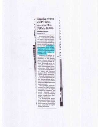 Financial Express - July 23,2008 - Negative returns cut PE funds investment in PSUs to 16.08%