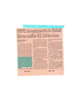 Financial Express Dec 26,2008_PIPE investments in listed firm suffers $2.24 bn in 2008