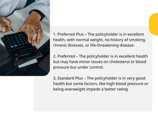1. Preferred Plus – The policyholder is in excellent
health, with normal weight, no history of smoking,
chronic illnesses, or life-threatening disease.
2. Preferred – The policyholder is in excellent health
but may have minor issues on cholesterol or blood
pressure but under control.
3. Standard Plus – The policyholder is in very good
health but some factors, like high blood pressure or
being overweight impede a better rating
 