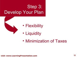 Step 3:  Develop Your Plan Flexibility Liquidity Minimization of Taxes 