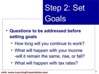 Step 2: Set Goals Questions to be addressed before setting goals How long will you continue to work? What will happen with your income -will it remain the same, rise, or fall? What will happen with tax rates? 
