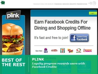 TRENDWATCHING.COM PREMIUM | FINANCIAL SERVICES INDUSTRY PRESENTATION




BEST OF    PLINK
THE REST   Loyalty program rewards users with
           Facebook Credits
 