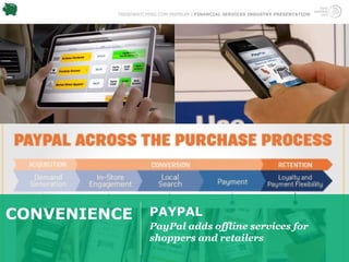 TRENDWATCHING.COM PREMIUM | FINANCIAL SERVICES INDUSTRY PRESENTATION




CONVENIENCE         PAYPAL
                    PayPal adds offline services for
                    shoppers and retailers
 