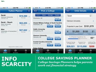 TRENDWATCHING.COM PREMIUM | FINANCIAL SERVICES INDUSTRY PRESENTATION




INFO             COLLEGE SAVINGS PLANNER
                 College Savings Planners helps parents
SCARCITY         work out financial strategy
 