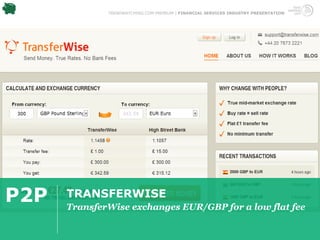 TRENDWATCHING.COM PREMIUM | FINANCIAL SERVICES INDUSTRY PRESENTATION




P2P   TRANSFERWISE
      TransferWise exchanges EUR/GBP for a low flat fee
 