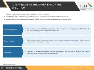 For updated information, please visit www.ibef.org26 Financial Services
... AS WELL AS AT THE OTHER END OF THE
SPECTRUM
Source: Aranca Research
 India is one of the fastest growing wealth management markets in the world.
 The HNWI population in India is young and therefore more receptive towards sophisticated financial products.
 India has over 286,000 households with net worth of more than US$ 1 million with assets close to US$ 584 billion.
 The regulatory environment for fiduciary duties in wealth management is evolving; players will benefit greatly
from quickly adopting new investor protection measures
Investor protection
 Brand building coupled with partnership based model will improve the advisory penetration. Greater focus on
transparency will speed up the process
Brand building
 Investment in required technologies, imbibing state-of-the-art best practices of advisory and creating
customised and innovative products will enable growth
Innovation
 