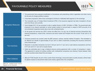 For updated information, please visit www.ibef.org29 Financial Services
FAVOURABLE POLICY MEASURES
Source: Dun and Bradstreet.
 SBI and FTSE Russell, the arm of the London Stock Exchange, announced plans to jointly develop a Bond Index
for global investors to benchmark Indian bond market, against that of its competitors
 The government has proposed simplification of procedures and prescribing uniform registration and other norms
for the entry for foreign portfolio investors
 It has been proposed to allow stock exchanges to introduce a dedicated debt segment on the exchange
 The composite cap on Foreign Direct Investment (FDI) in the insurance segment has been increased to 49 per
cent from 26 per cent currently
 Union Budget 2017-18 has promised to allot a capital infusion of US$ 1.48 billion in PSBs. The government also
proposed to tax interest receivable on actual receipt instead of accrual basis in respect of NPA accounts of all
non-scheduled cooperative banks also at par with scheduled banks.
 As the goods and services tax (GST) comes into effect from 1st July, tax on financial services transactions like
banking transactions, mutual funds, insurance and stock market will increase from the current 15 per cent to 18
per cent.
Budgetary Measures
 Insurance products are covered under the EEE (exempt, exempt, exempt) method of taxation. This translates to
an effective tax benefit of approximately 30 per cent on select investments (including life insurance premiums)
every financial year
 Reduction in securities transaction tax from 0.125 per cent to 0.1 per cent on cash delivery transactions and from
0.017 per cent to 0.1 per cent on equity futures
 Indian tax authorities plan to sign a bilateral advance pricing agreement with a number of companies in Japan.
The agreement is aimed at avoiding conflicts with multinational companies over sharing of taxes between India
and the countries where these firms are based
Tax incentives
Other initiatives
Note: QFI – Qualified Foreign Investors
 