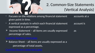 2. Common-Size Statements
(Vertical Analysis)
- Focuses on the relations among financial statement accounts at a
given point in time.
- A vertical analysis in which each financial statement account is
expressed as a percentage.
 Income Statement – all items are usually expressed as
percentage of sales.
ComSize Balance sheet.jpeg
 Balance Sheet – all items are usually expressed as a
percentage of total assets.
ComSize Income statement.jpeg
 